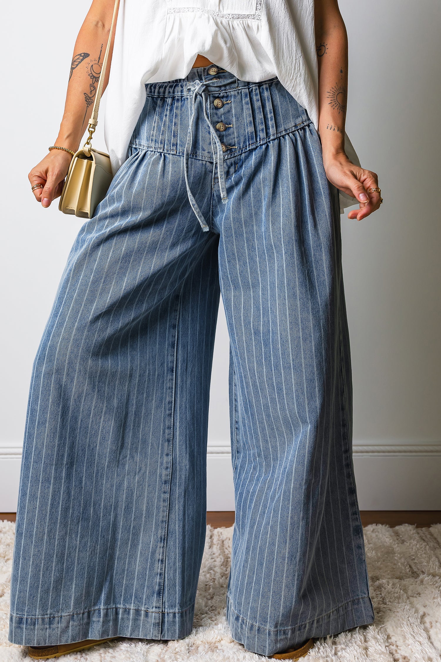 Sky Blue Stripe Button Pleated Drawstring Leg Jeans