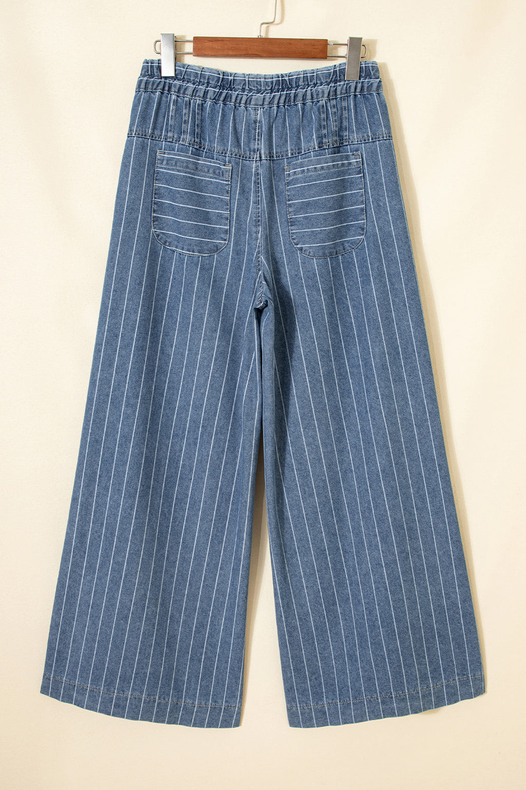 Sky Blue Stripe Button Pleated Drawstring Leg Jeans