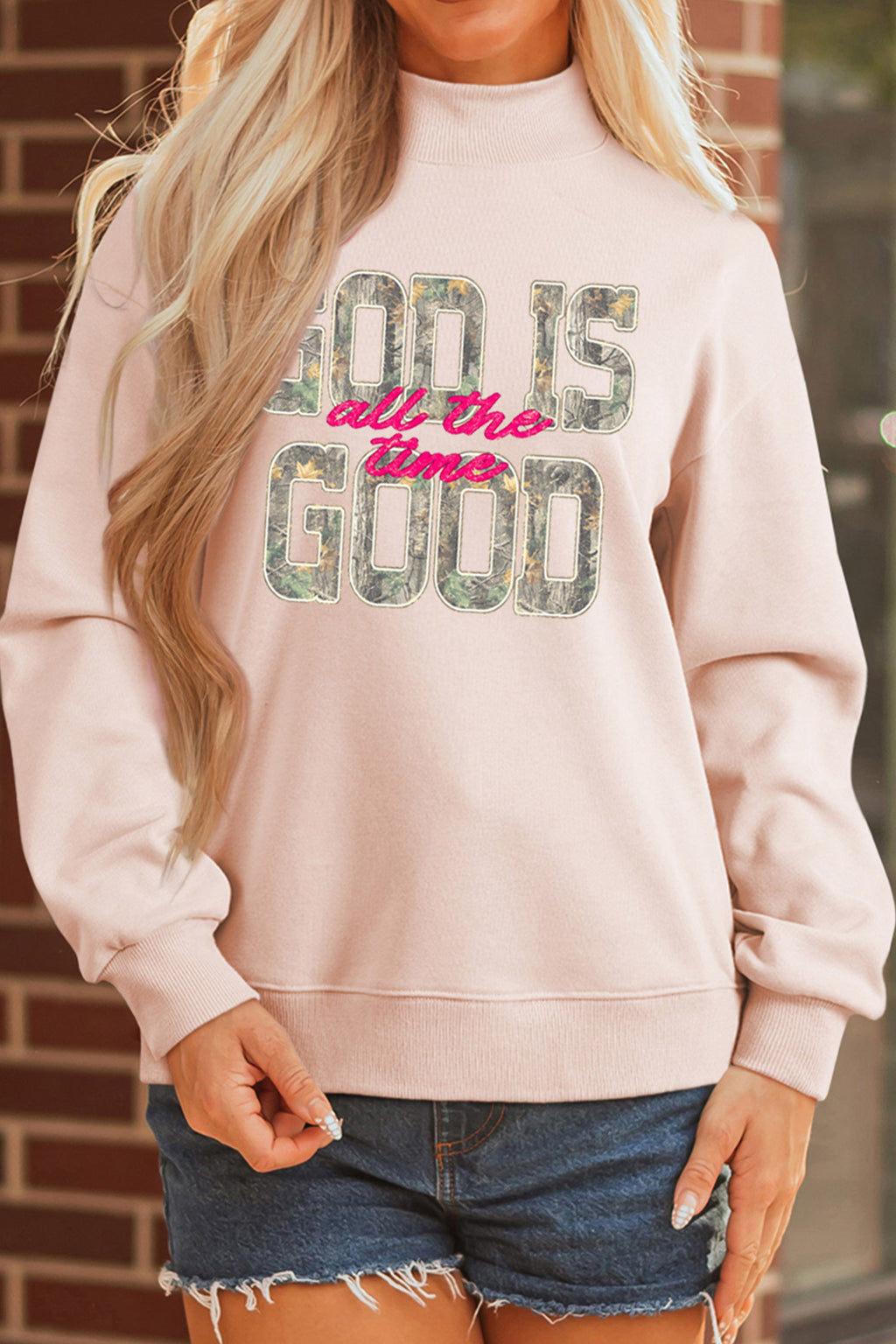 Apricot Pink Camo Print Letter Graphic Sweatshirt