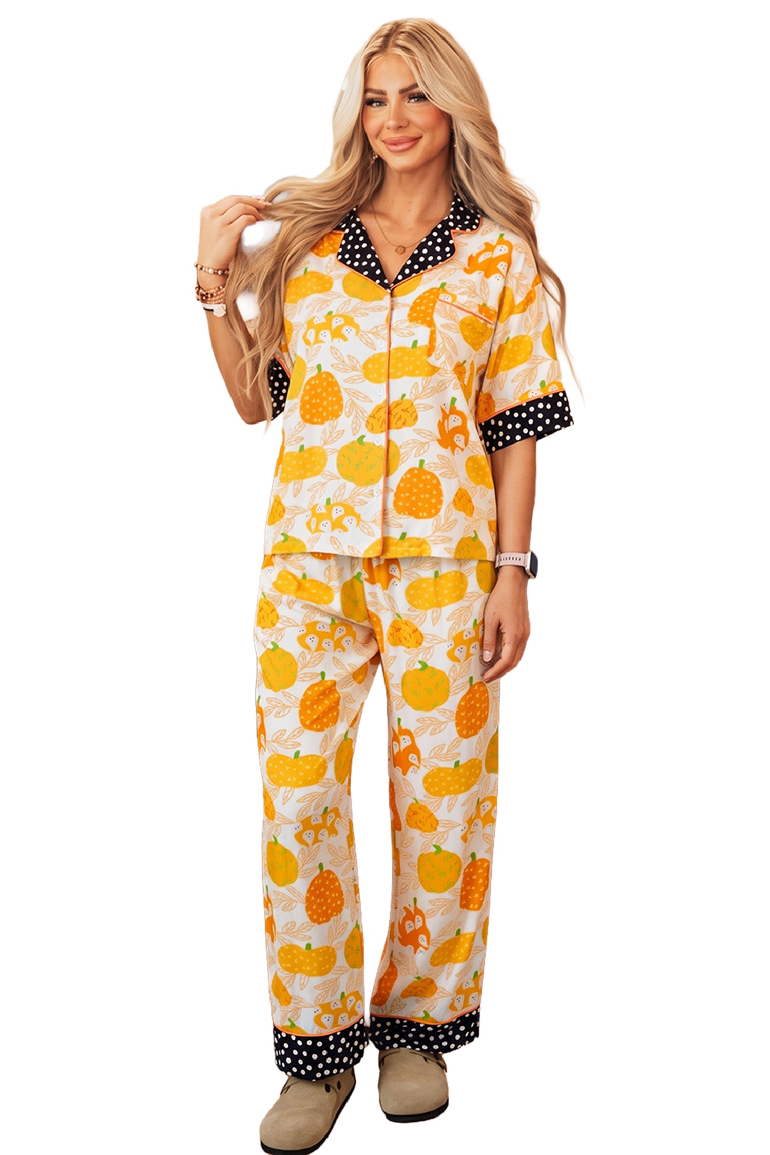 Orange Short Sleeve Pumpkin Print Polka Dot Trim Lounge Set