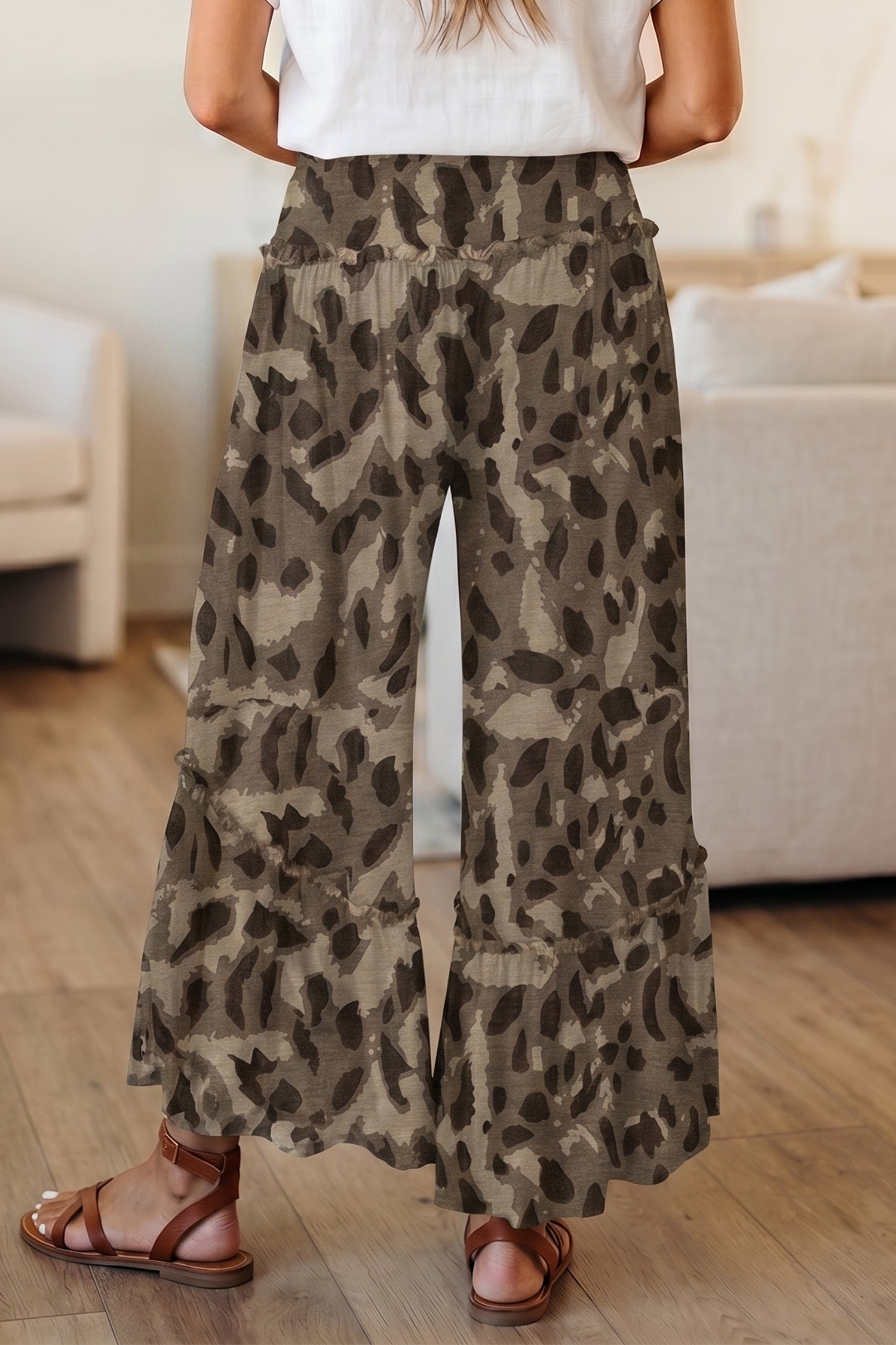 Brown Camo Print Wide Leg Casual Pants