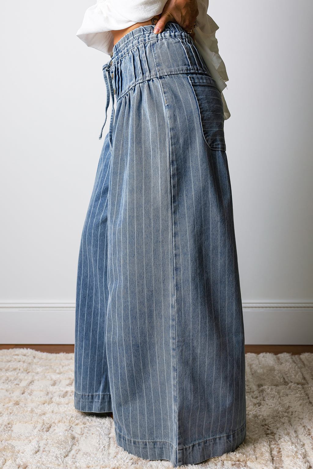 Sky Blue Stripe Button Pleated Drawstring Leg Jeans