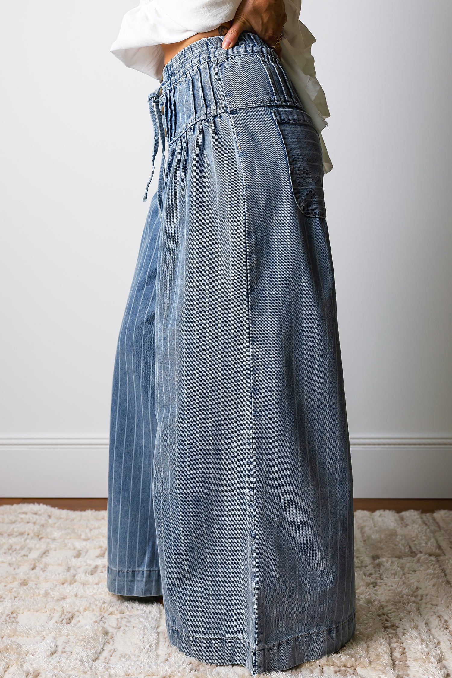 Sky Blue Stripe Button Pleated Drawstring Leg Jeans
