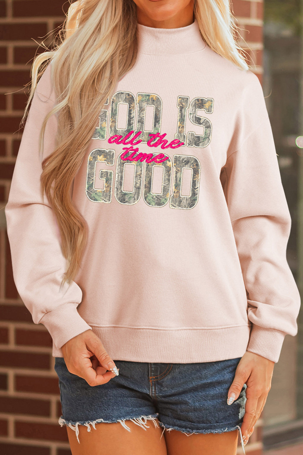 Apricot Pink Camo Print Letter Graphic Sweatshirt