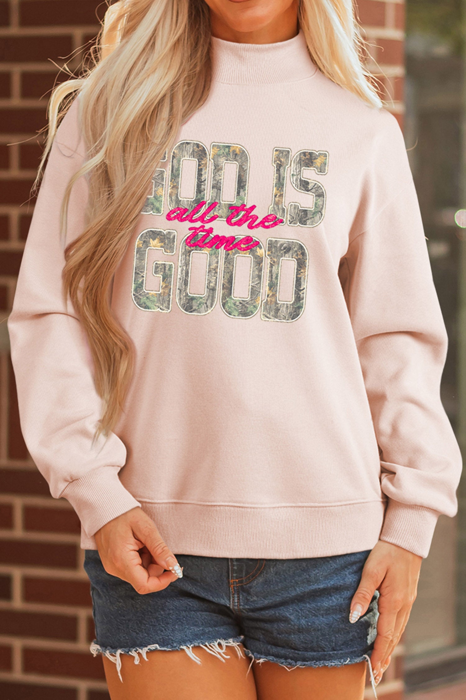 Apricot Pink Camo Print Letter Graphic Sweatshirt