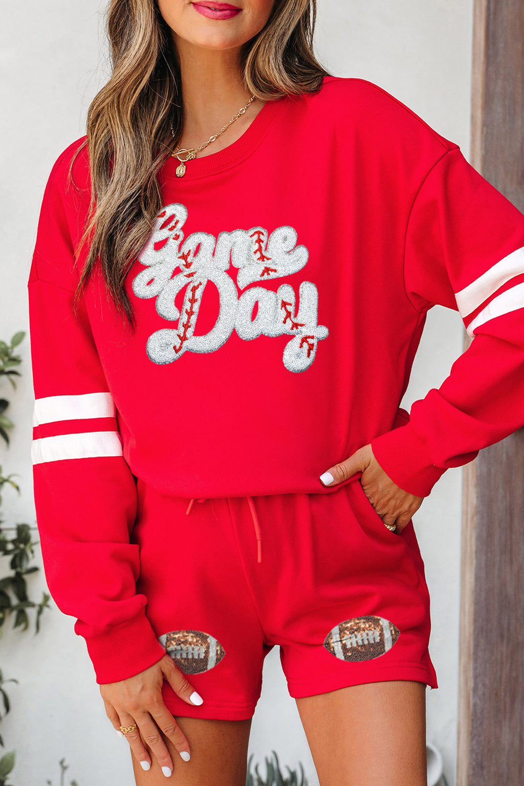 Fiery Red Glitter Game Day Football Graphic Two-Piece Set