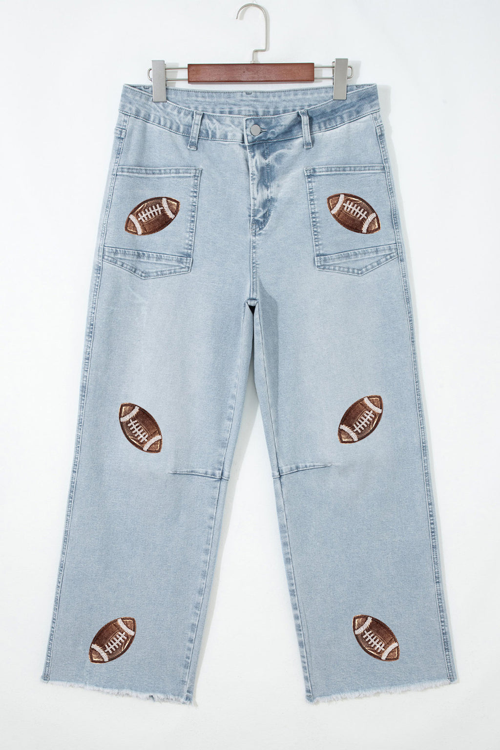 Beau Blue Sequin Detail Patched Rugby Pattern Jeans