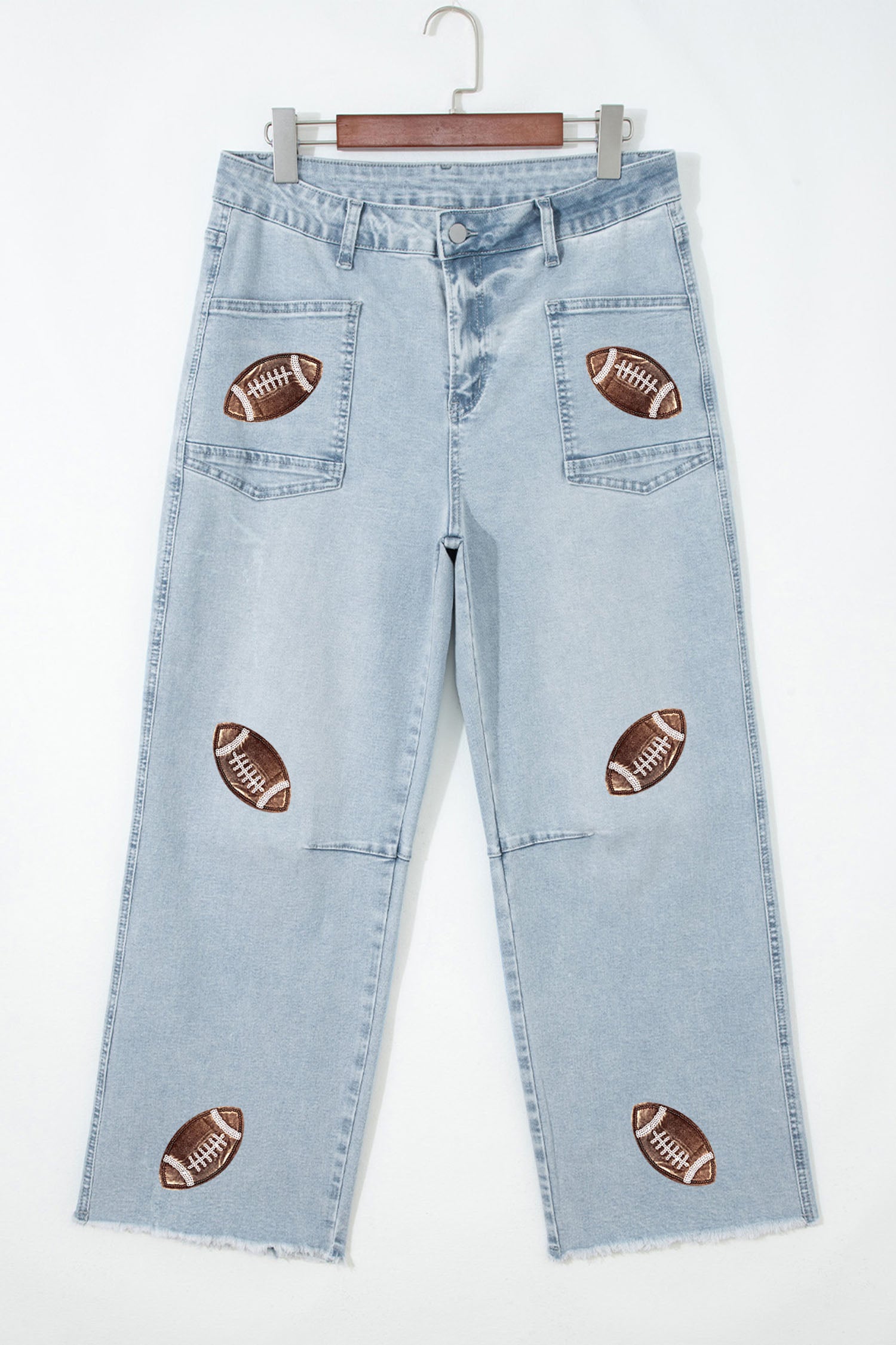 Beau Blue Sequin Detail Patched Rugby Pattern Jeans