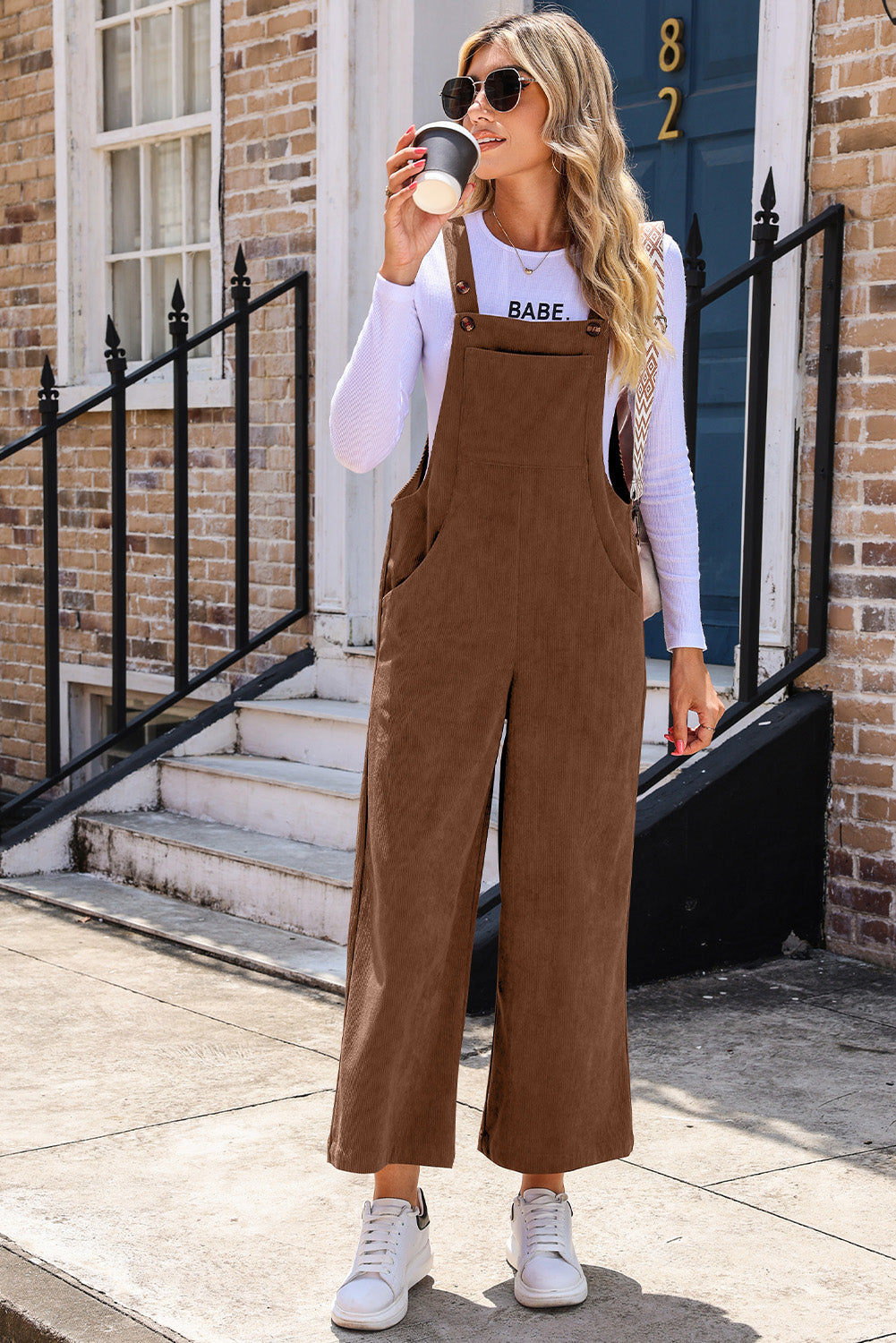 Brown Solid Color Corduroy Wide Leg Overalls