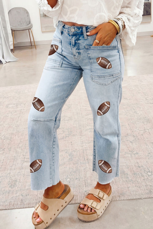 Beau Blue Sequin Detail Patched Rugby Pattern Jeans