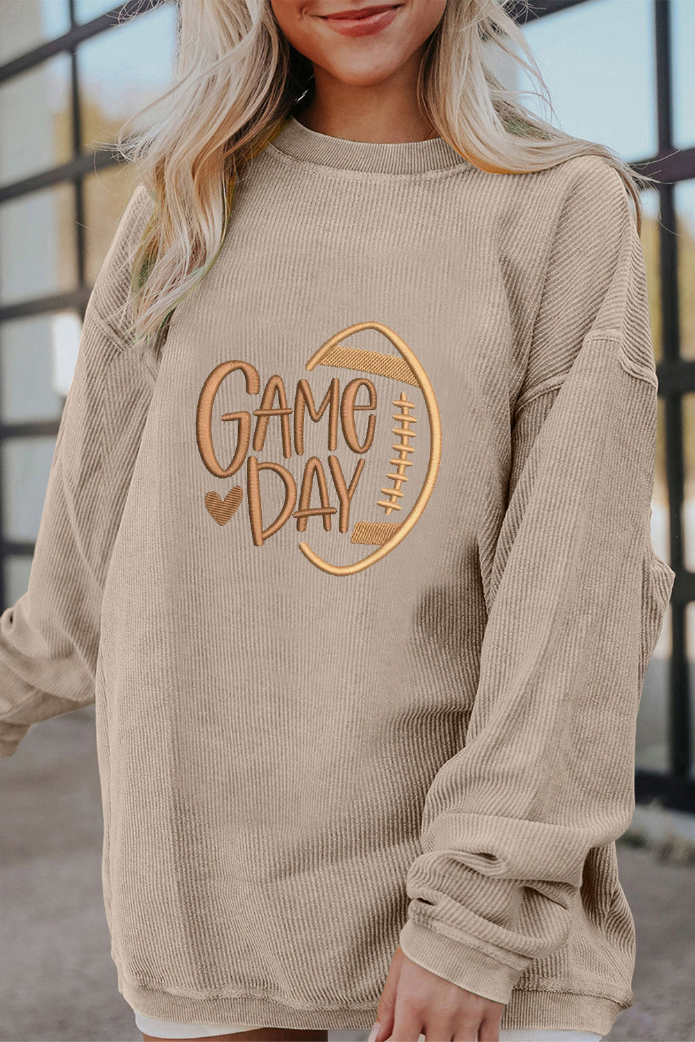 Smoke Gray Twisted Rib Texture Game Day Embroidered Baggy Sweatshirt
