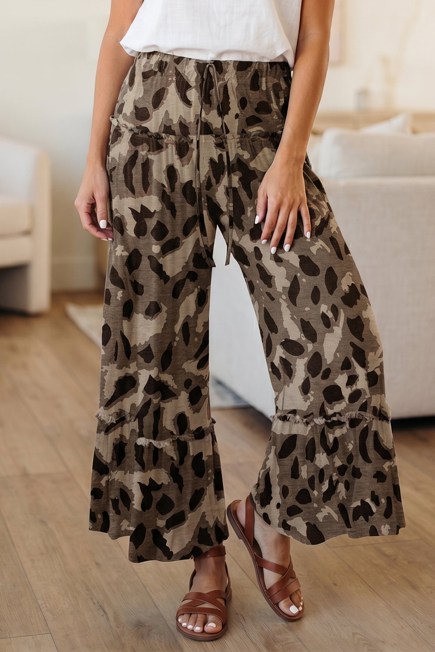 Brown Camo Print Wide Leg Casual Pants