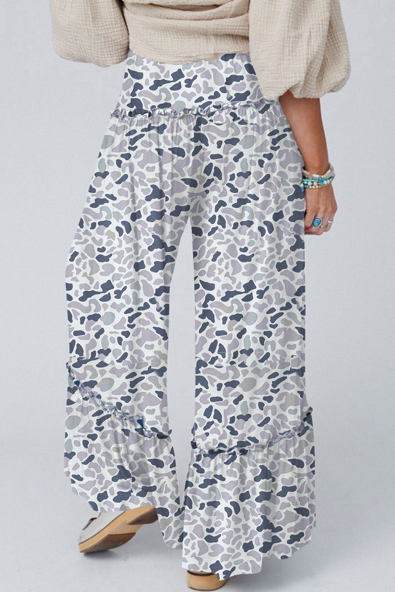 Brown Camo Print Wide Leg Casual Pants
