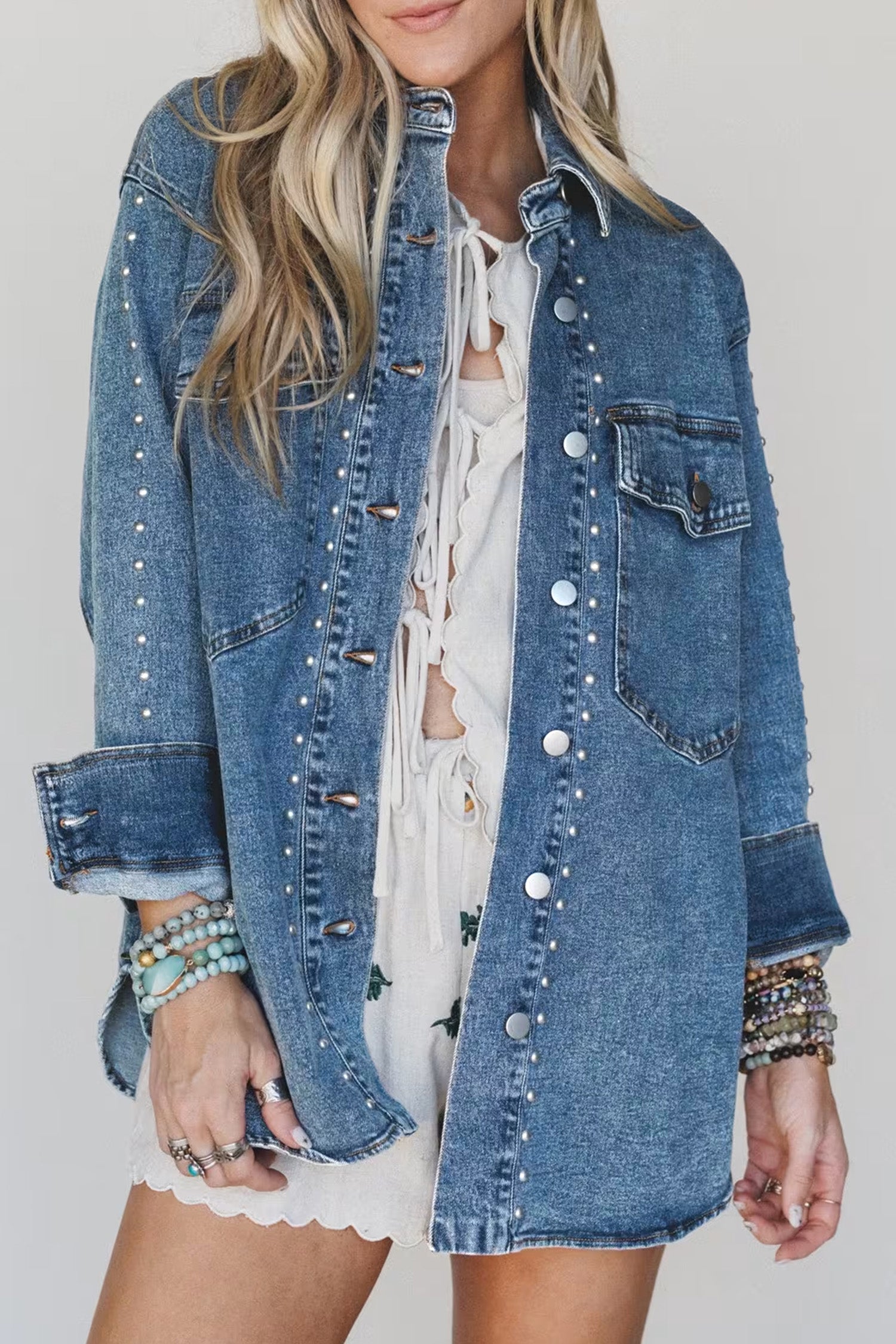 Sail Blue Rivet Embellished Western Style Long Sleeve Denim Jacket