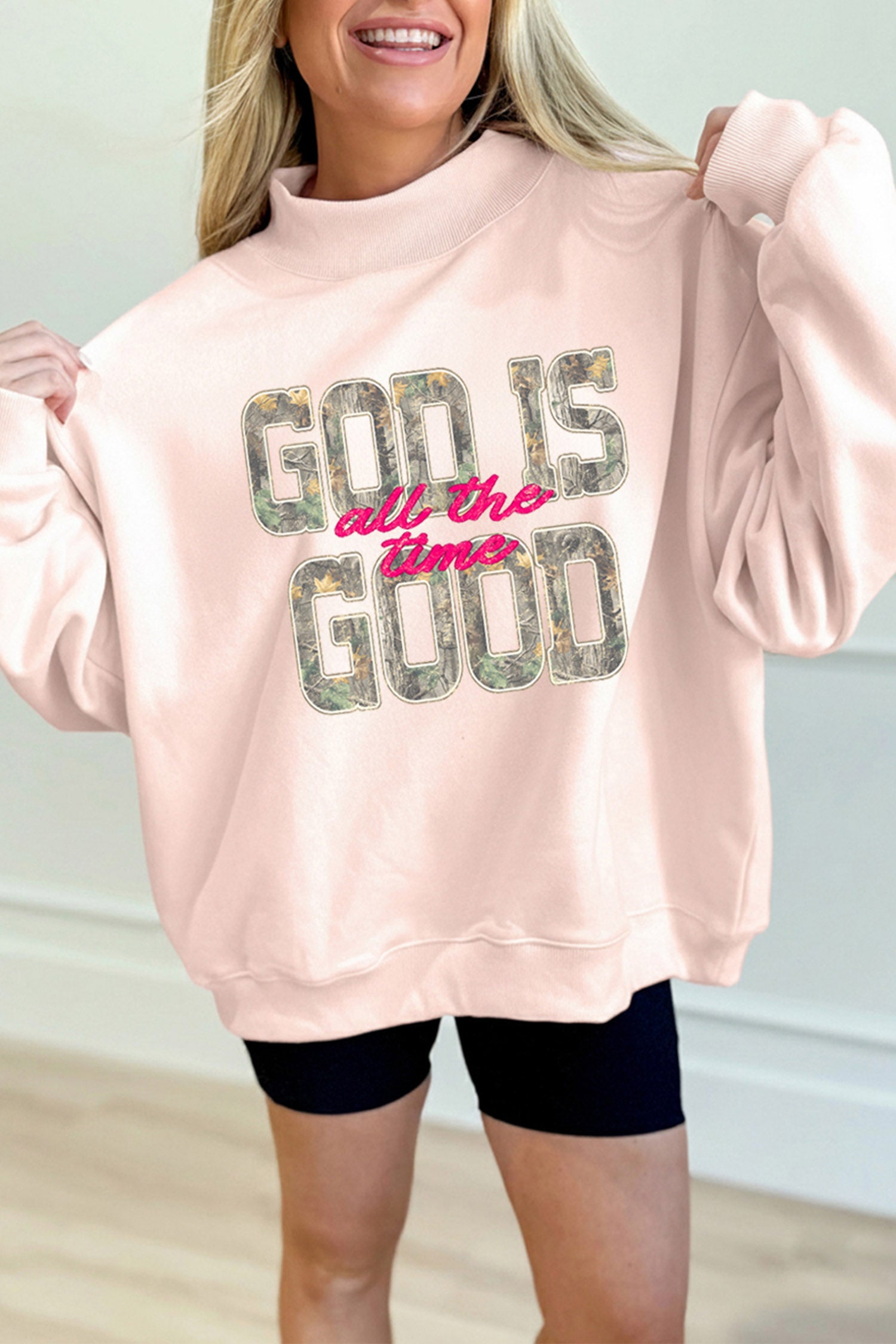Apricot Pink Camo Print Letter Graphic Sweatshirt