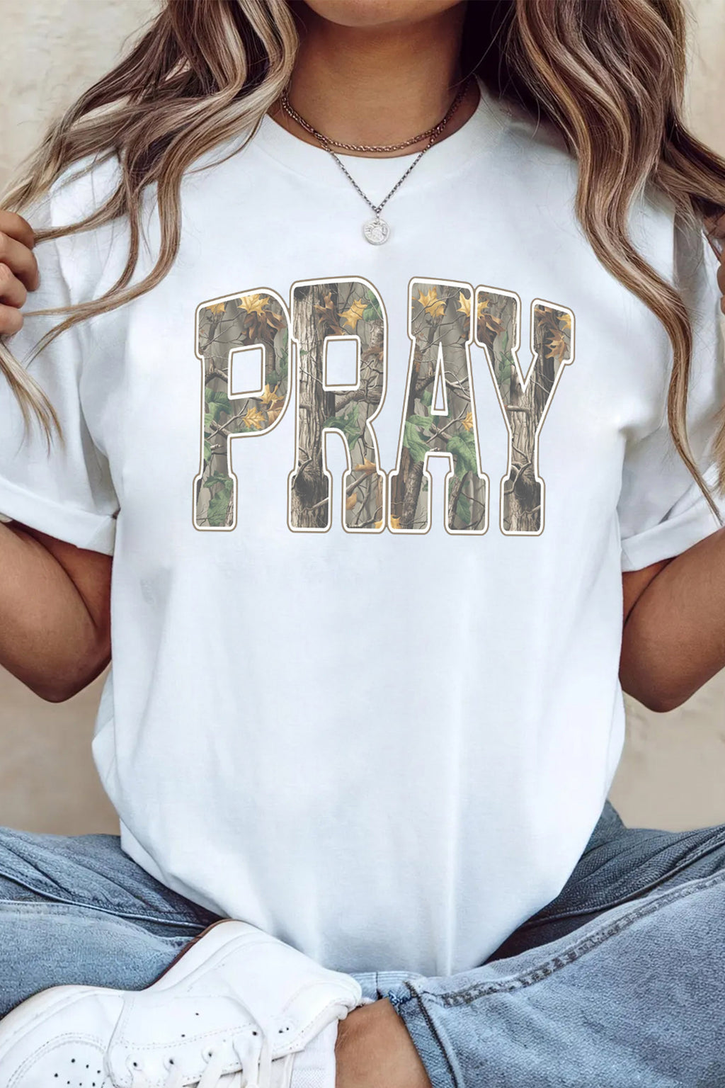 White PRAY Camo Letter Print Round Neck T Shirt