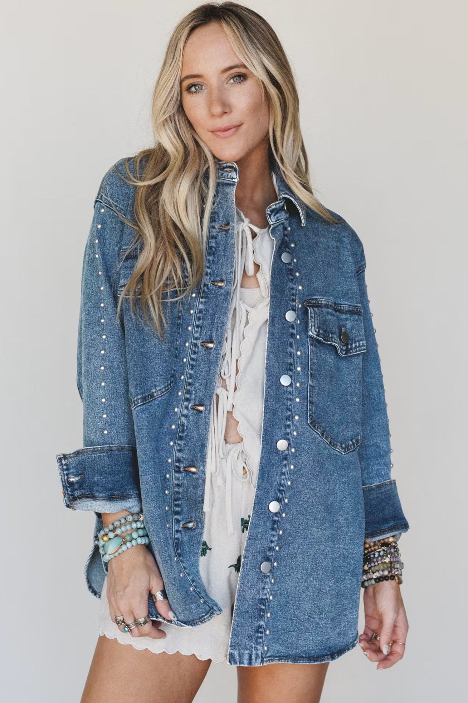 Sail Blue Rivet Embellished Western Style Long Sleeve Denim Jacket