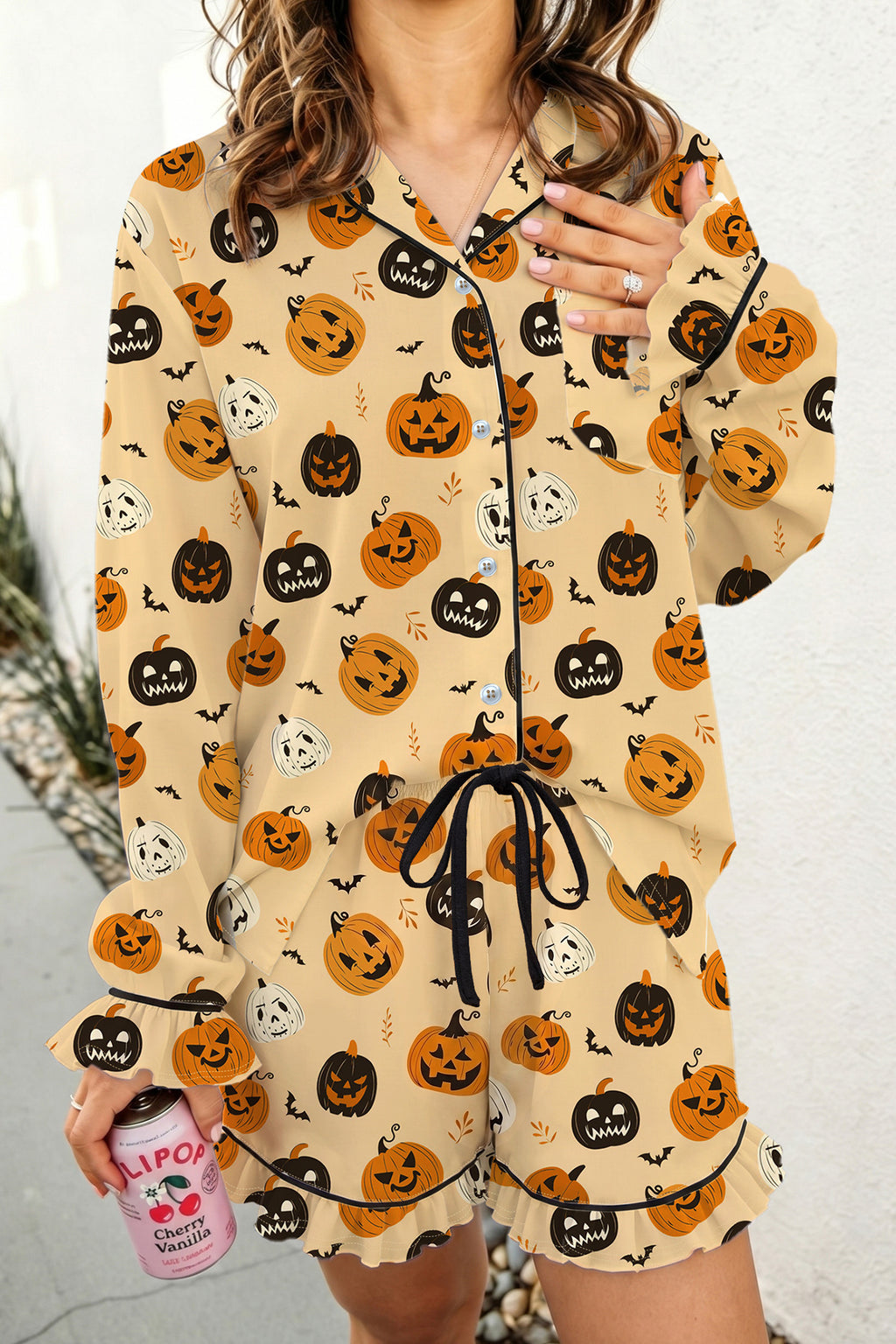 Halloween Orange Ruffle Pumpkin Face Two-Piece Lounge Set