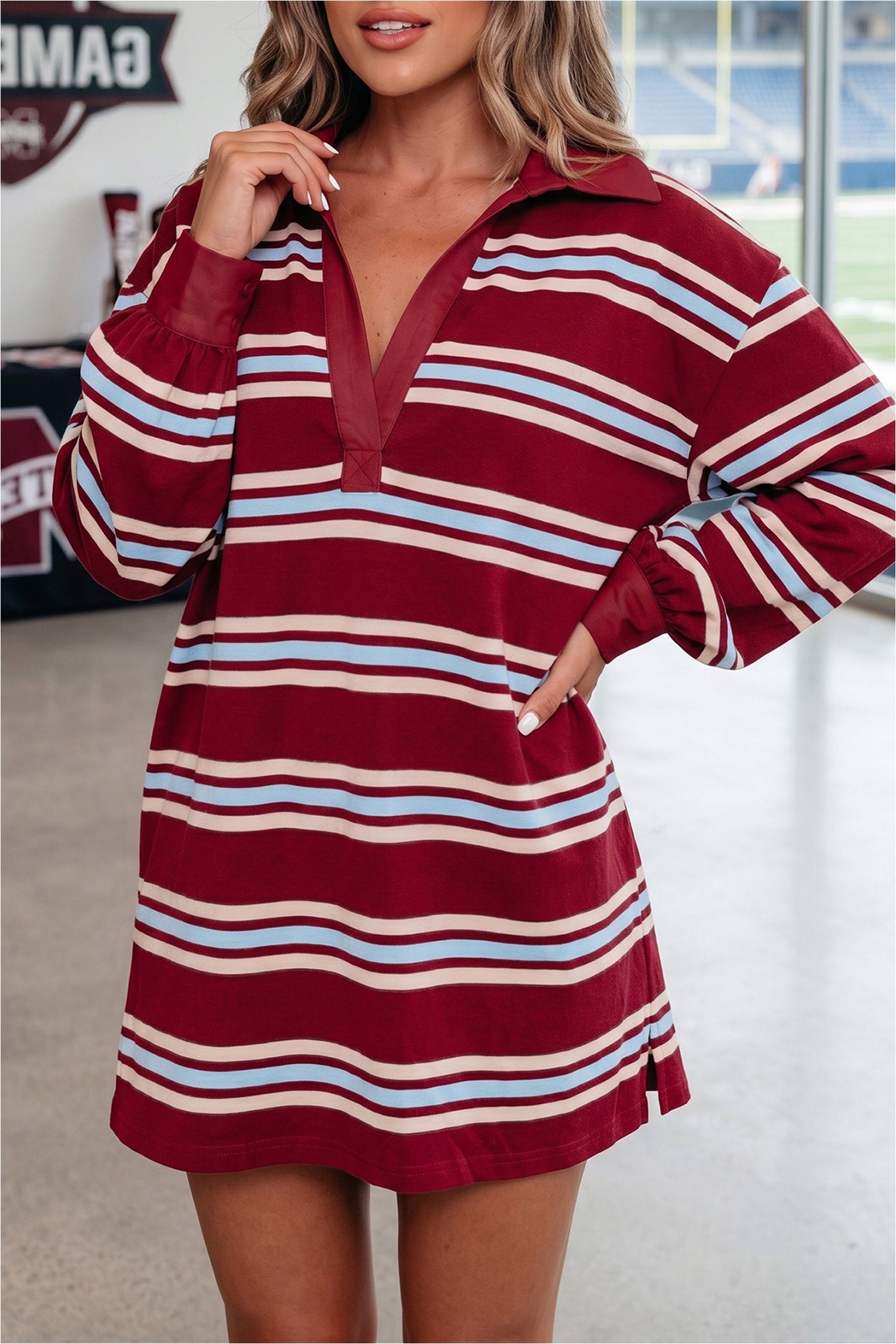 Red Stripe Retro Polo Collar Long Sleeve Mini Dress