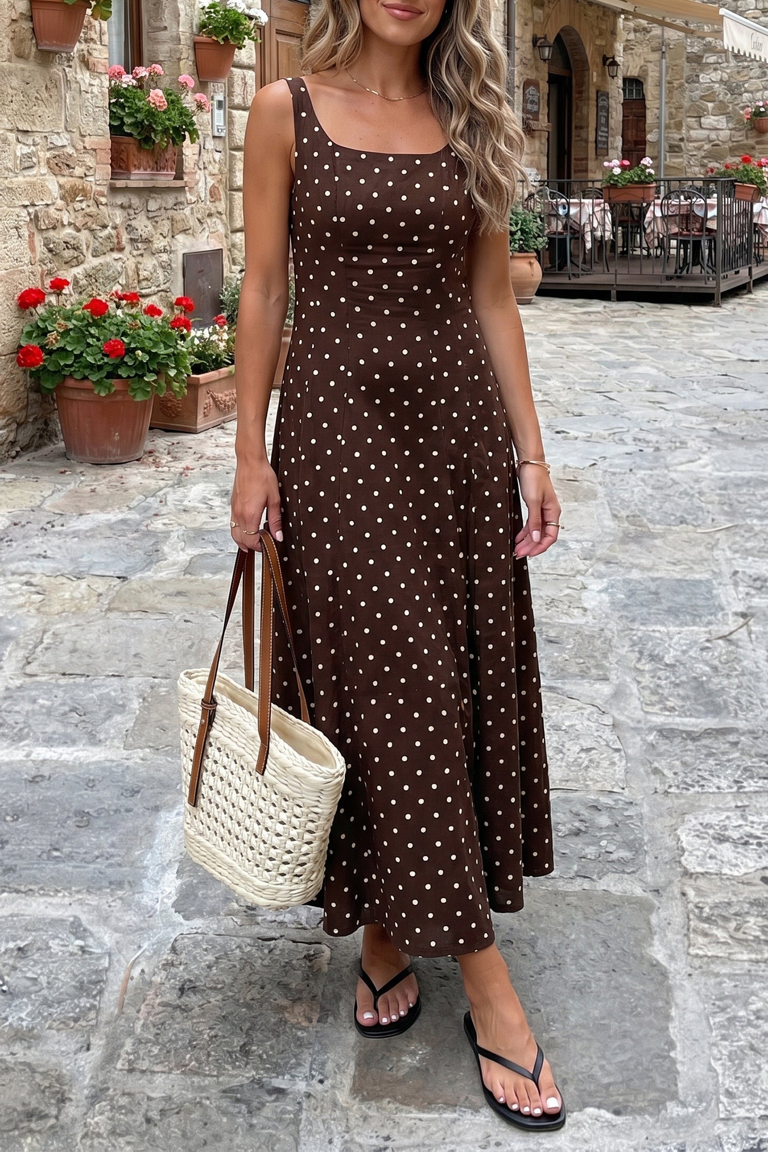 Brown Polka Dot Print Square Neck Dress