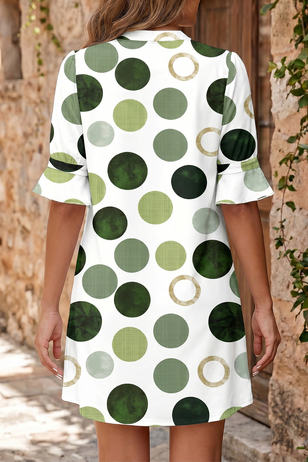 Green Polka Dot Print Flounced Half Sleeve Mini Dress