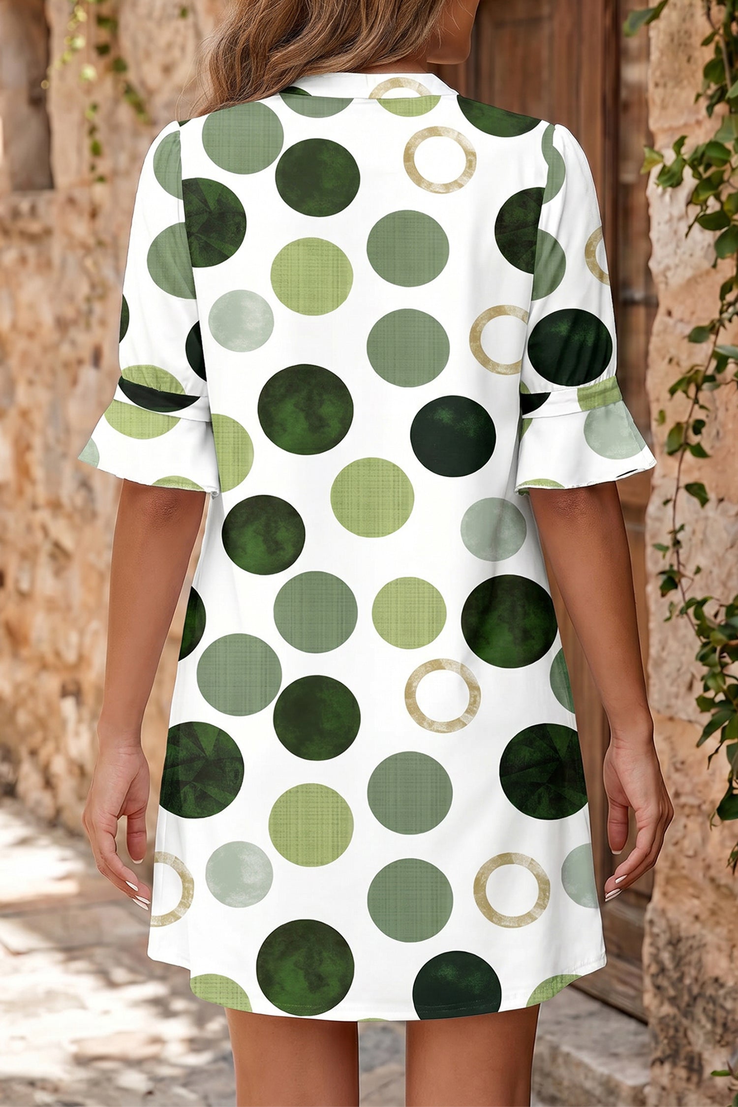 Green Polka Dot Print Flounced Half Sleeve Mini Dress
