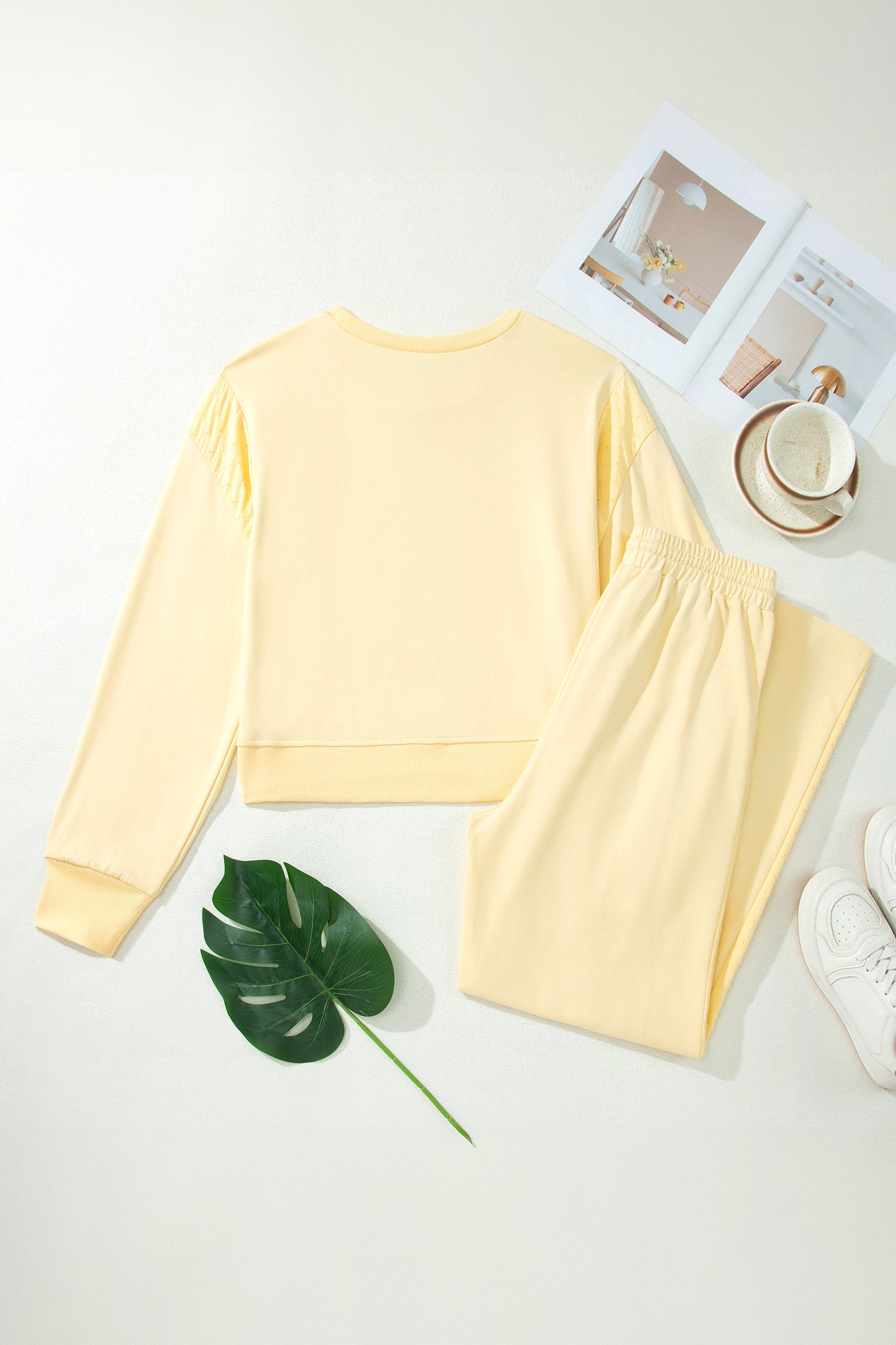 Yellow Cream Eyelet Embroidered Lace Patchwork Pants Set
