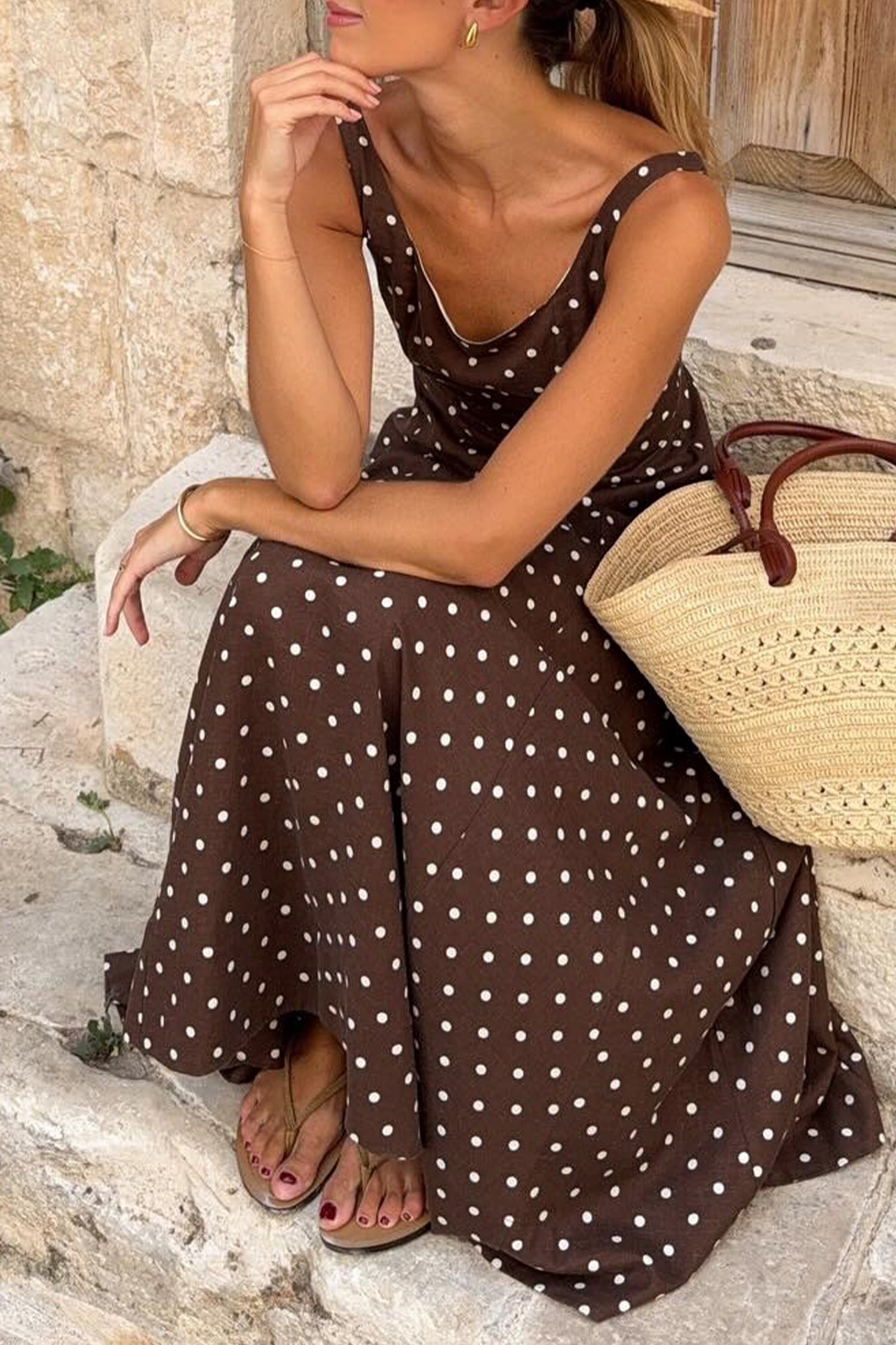 Brown Polka Dot Print Square Neck Dress