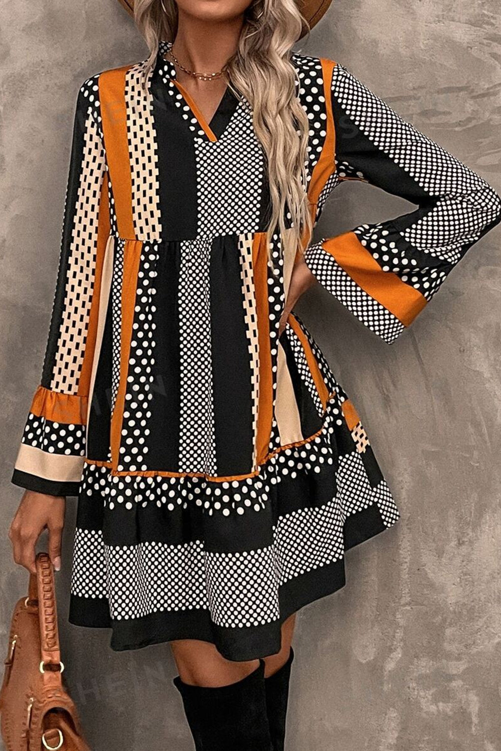 Black Striped Polka Dot Print Ruffled Mini Dress