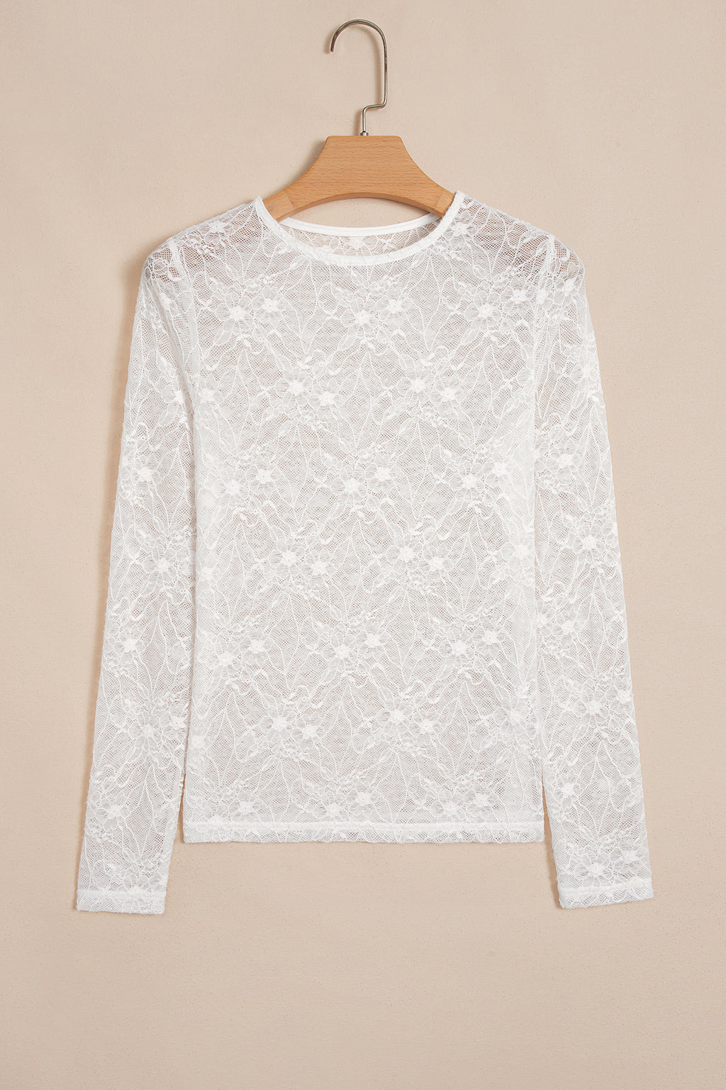 Beige Long Sleeve Mesh Lace Top