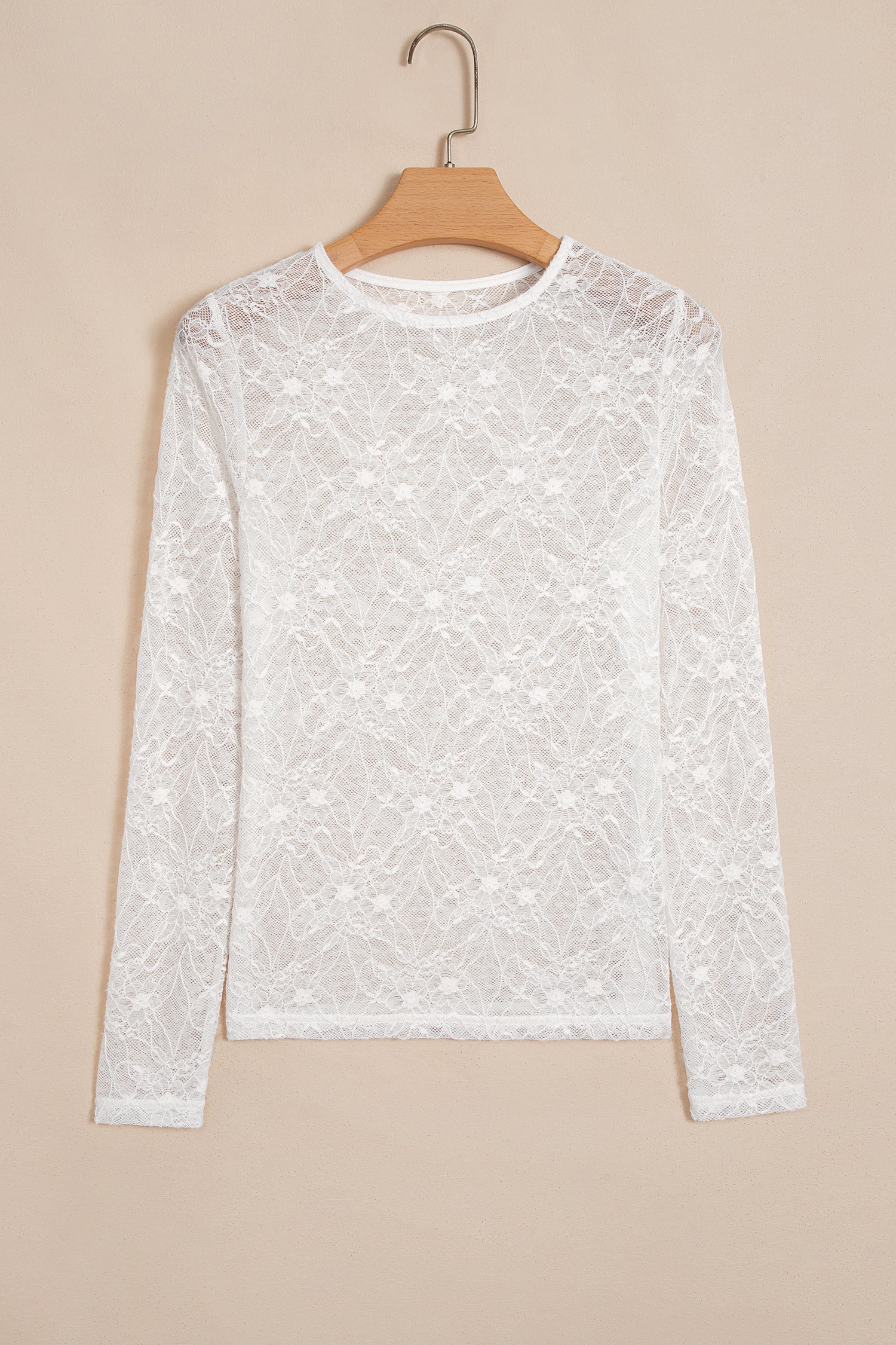 Beige Long Sleeve Mesh Lace Top