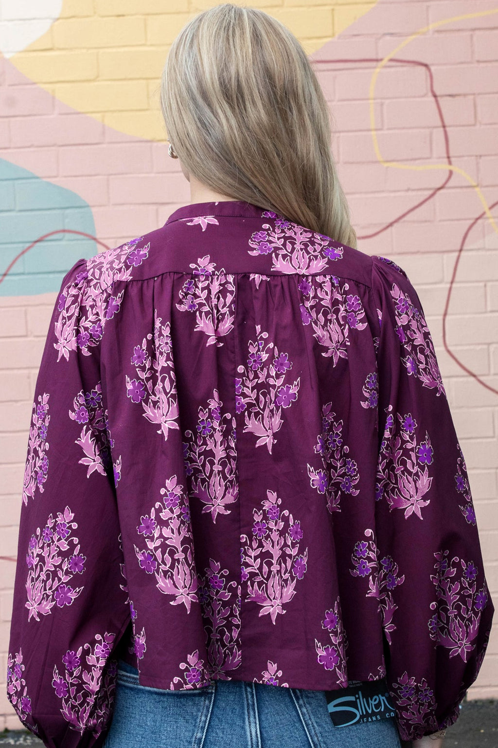 Purple Floral Print Long Puff Sleeve Shirt