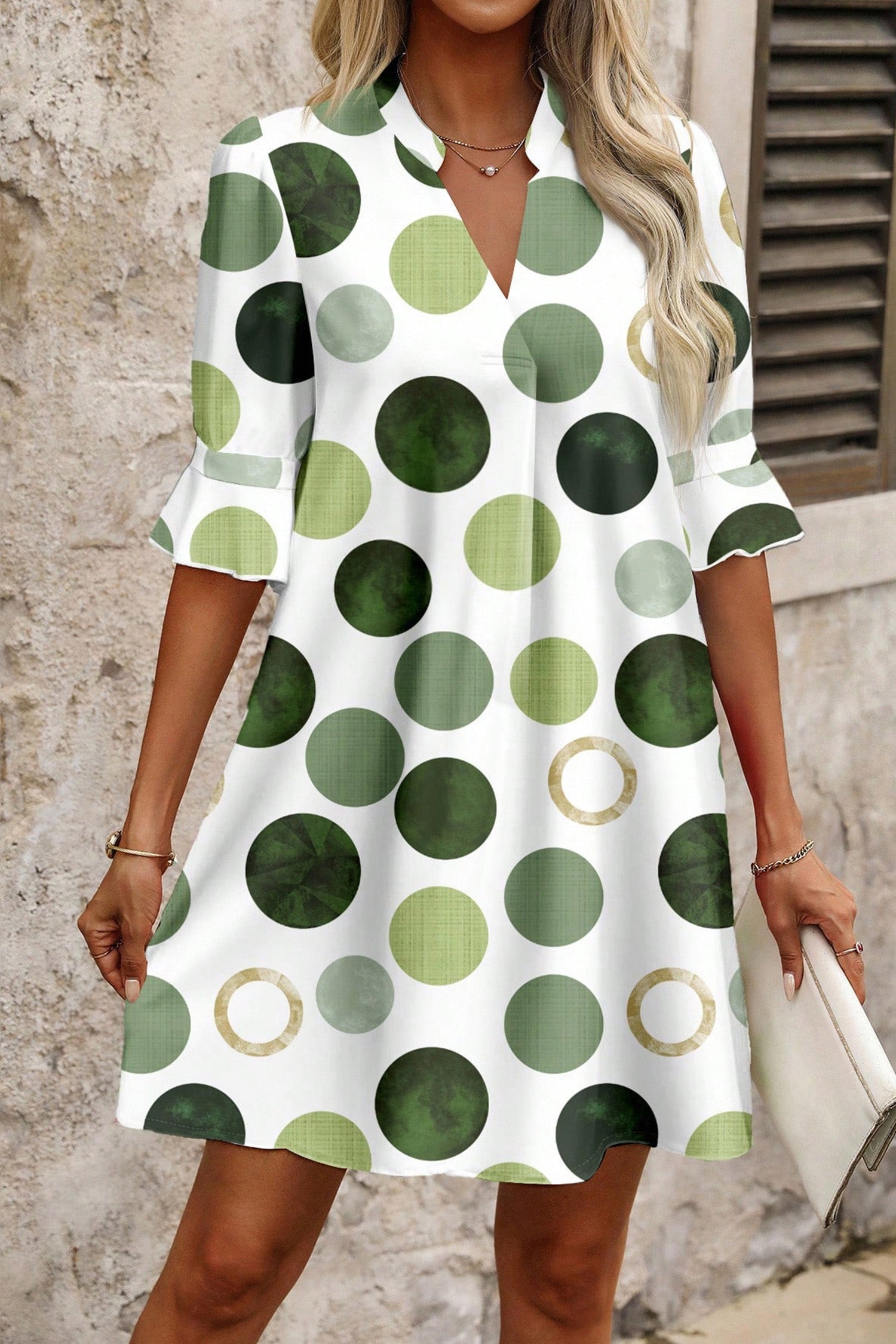 Green Polka Dot Print Flounced Half Sleeve Mini Dress