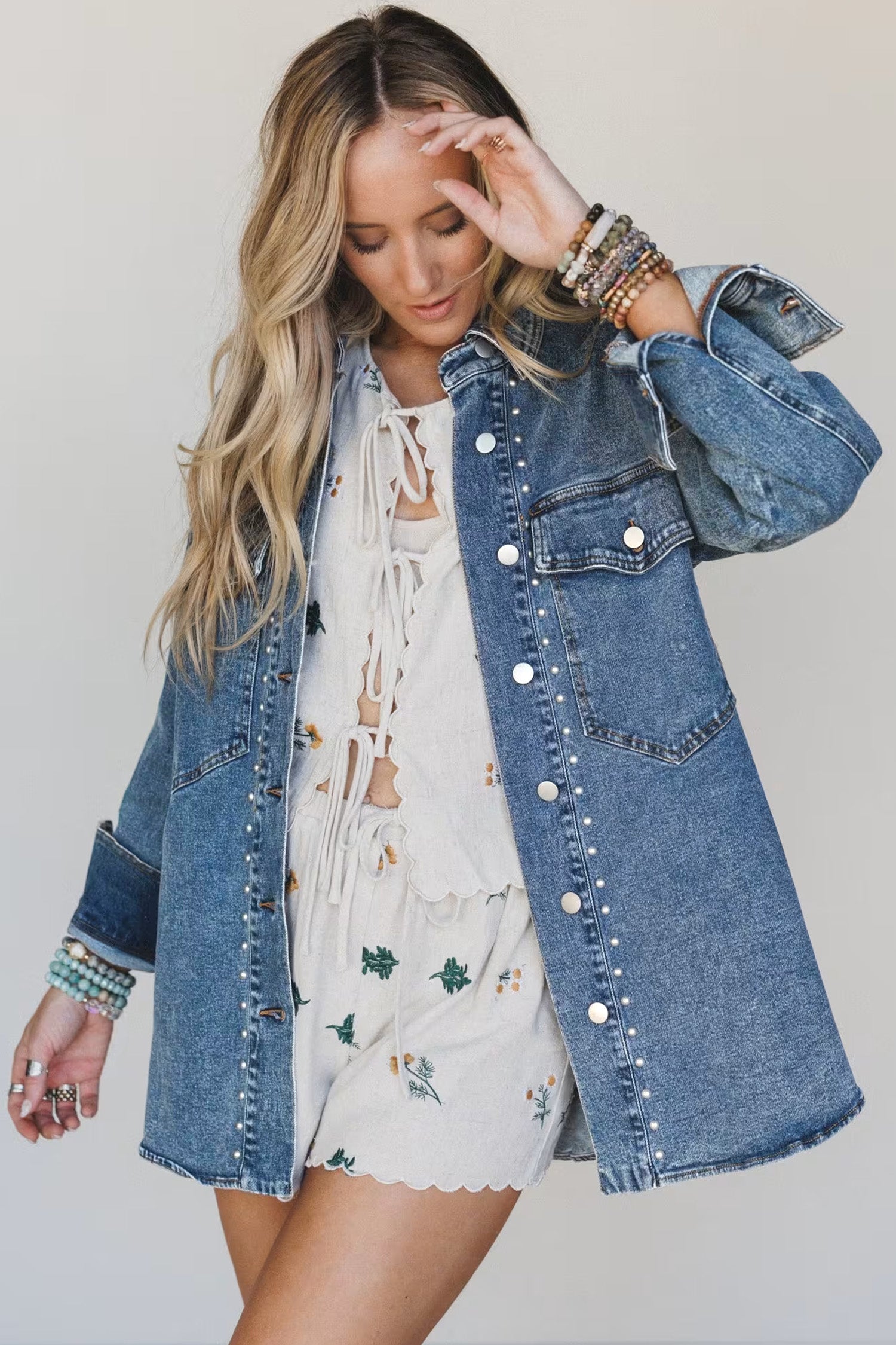 Sail Blue Rivet Embellished Western Style Long Sleeve Denim Jacket