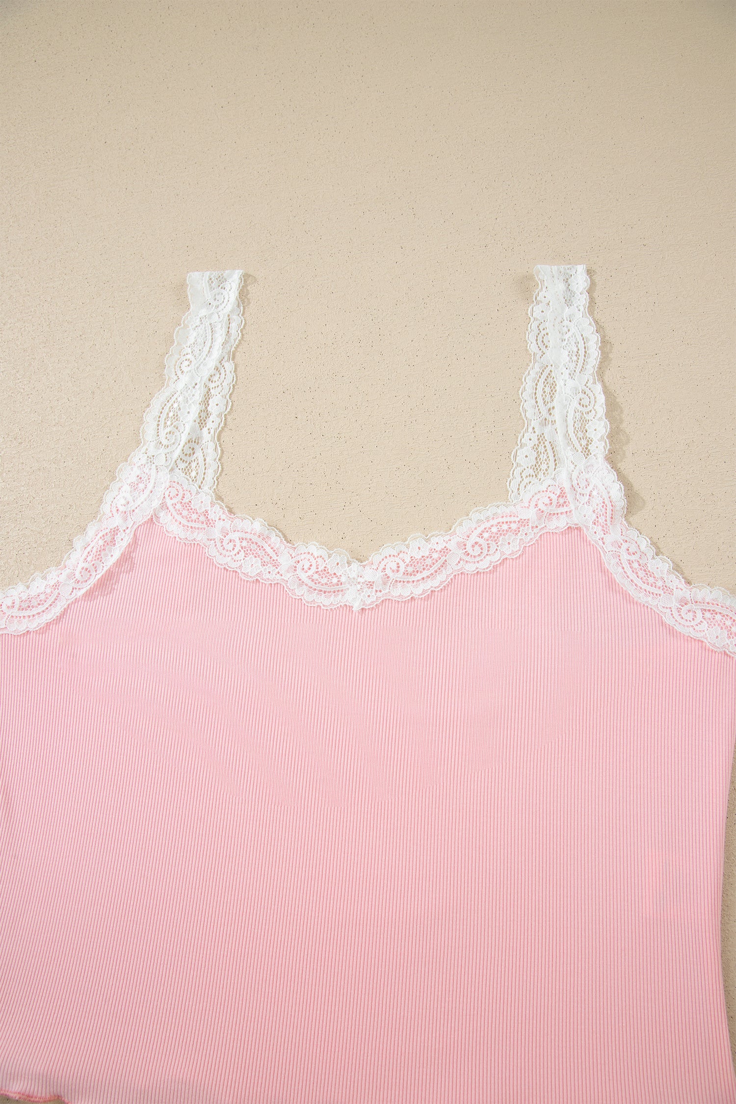 Pink Ribbed Knit Lace Straps Patchwork Lettuce Hem Cropped Top Floral Short Lounge Set