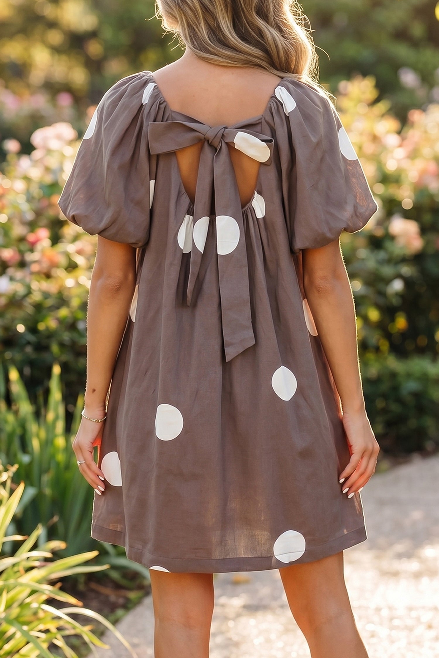 Brown Polka Dot Print Knot Back Mini Dress