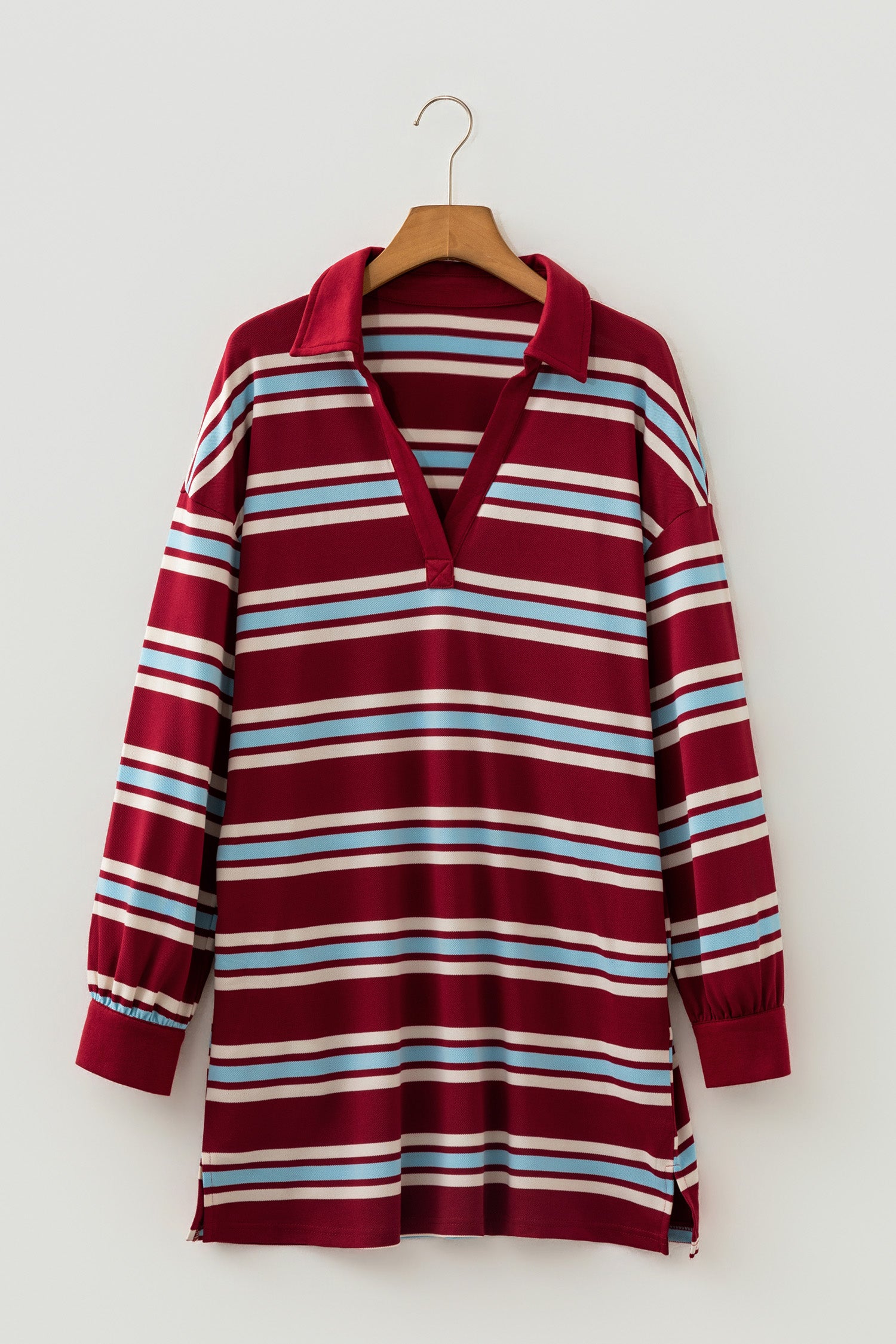 Red Stripe Retro Polo Collar Long Sleeve Mini Dress