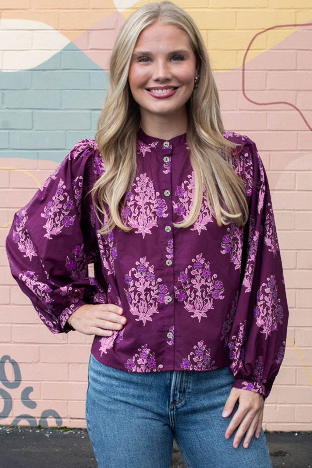 Purple Floral Print Long Puff Sleeve Shirt