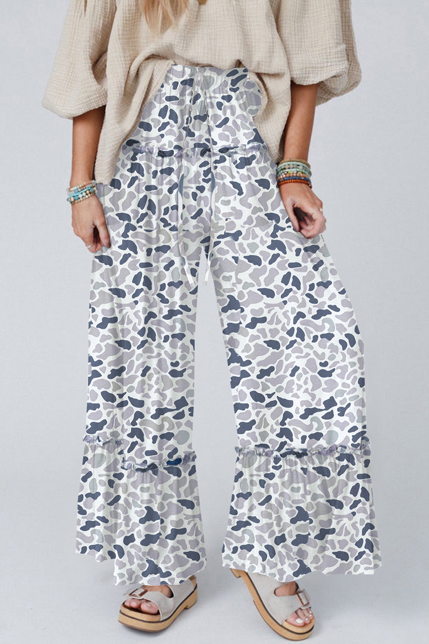 Brown Camo Print Wide Leg Casual Pants