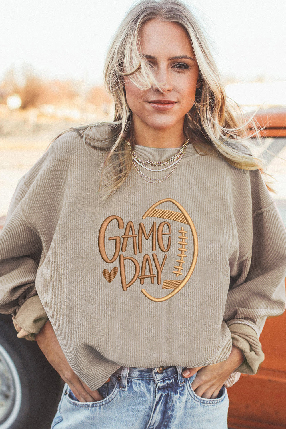 Smoke Gray Twisted Rib Texture Game Day Embroidered Baggy Sweatshirt