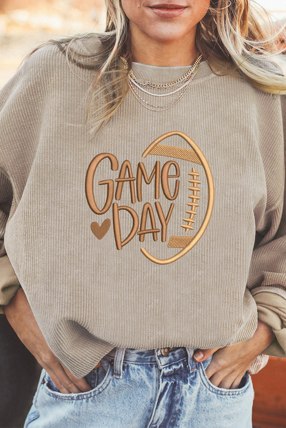 Smoke Gray Twisted Rib Texture Game Day Embroidered Baggy Sweatshirt