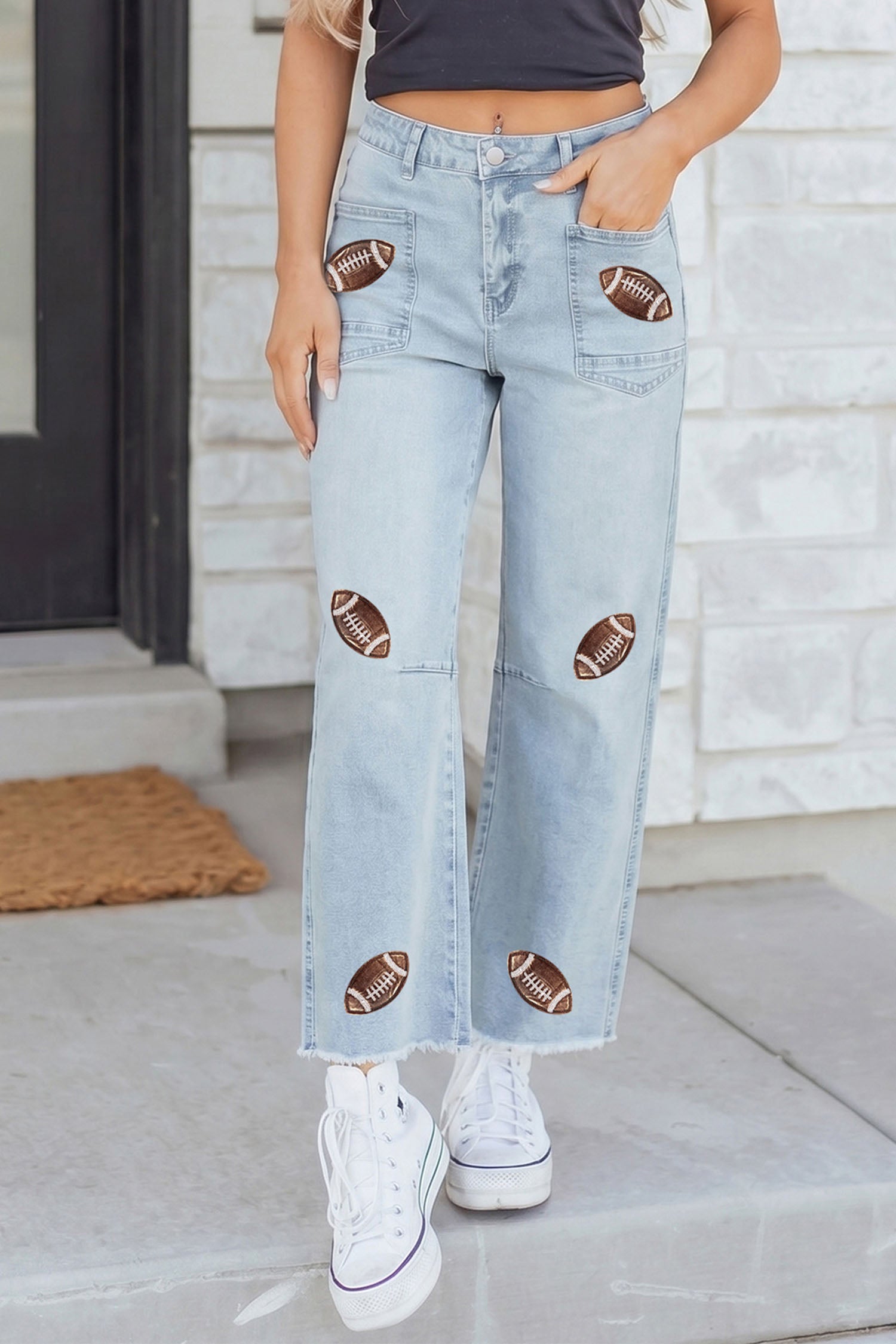 Beau Blue Sequin Detail Patched Rugby Pattern Jeans