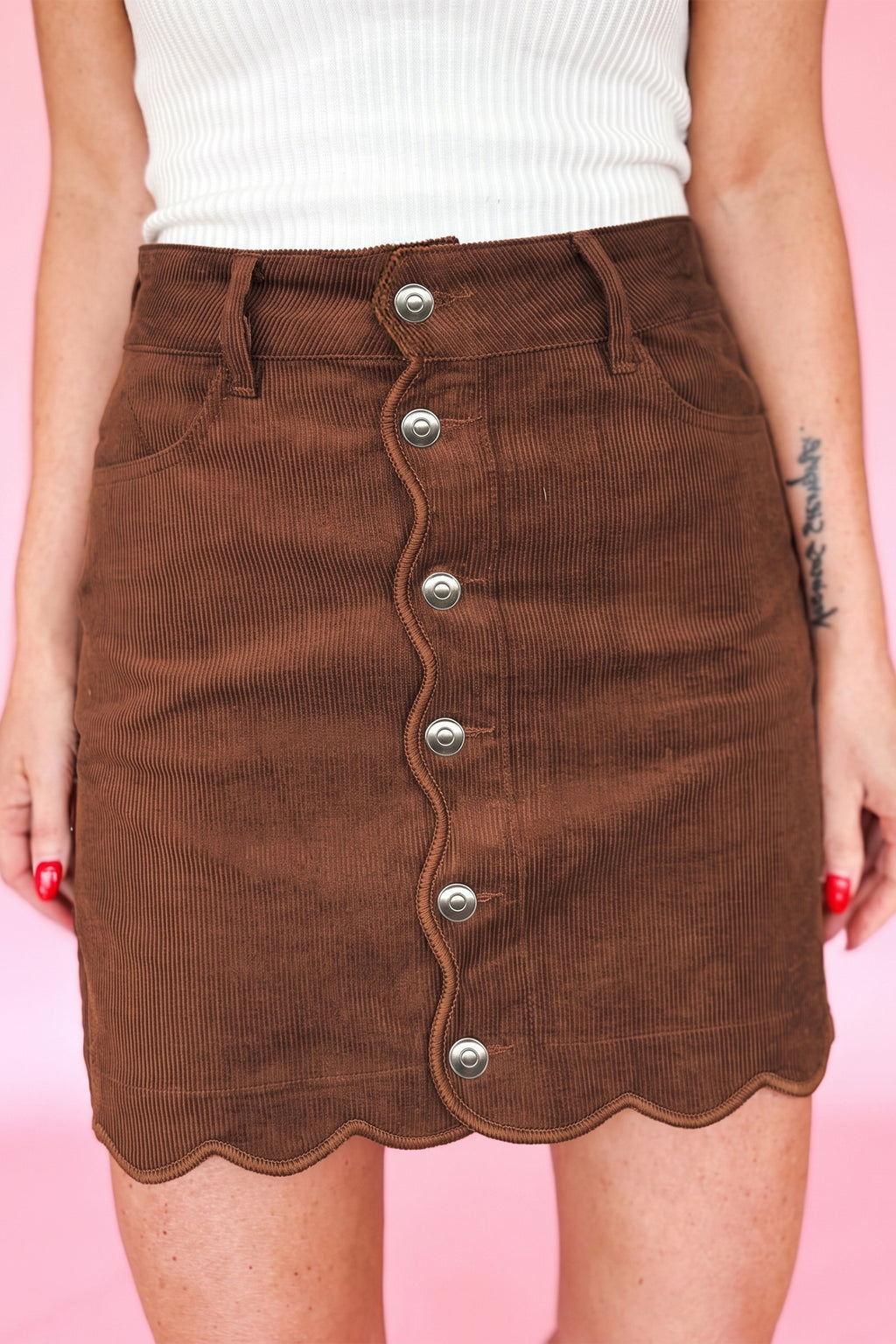 Coffee Button Front Corduroy Mini Skirt