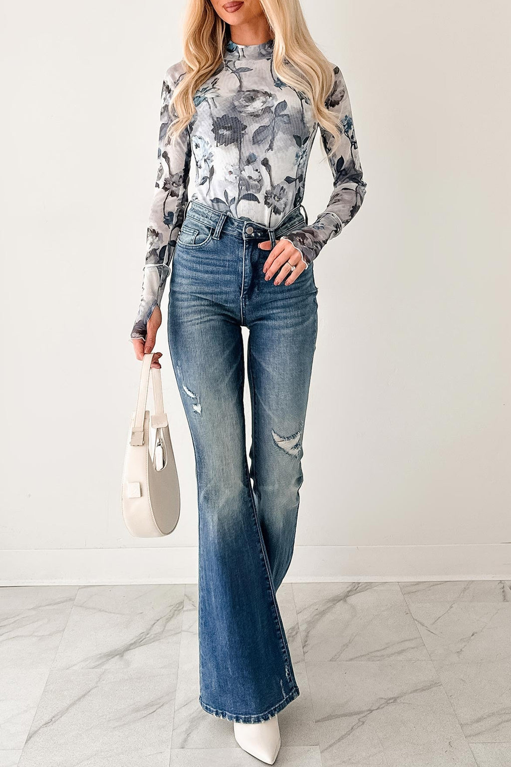 Sky Blue Floral Mesh Sheath Top