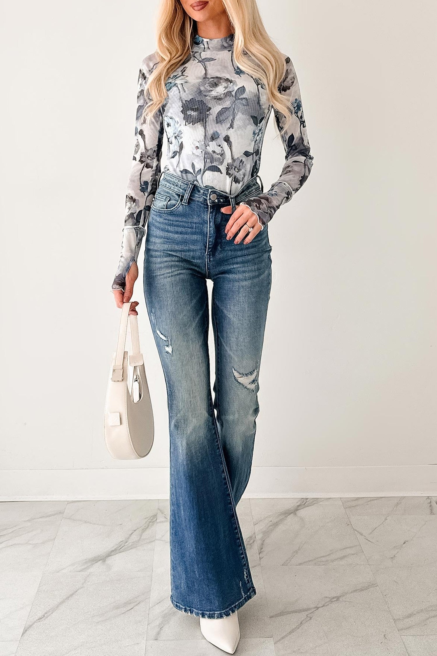 Sky Blue Floral Mesh Sheath Top
