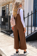 Brown Solid Color Corduroy Wide Leg Overalls