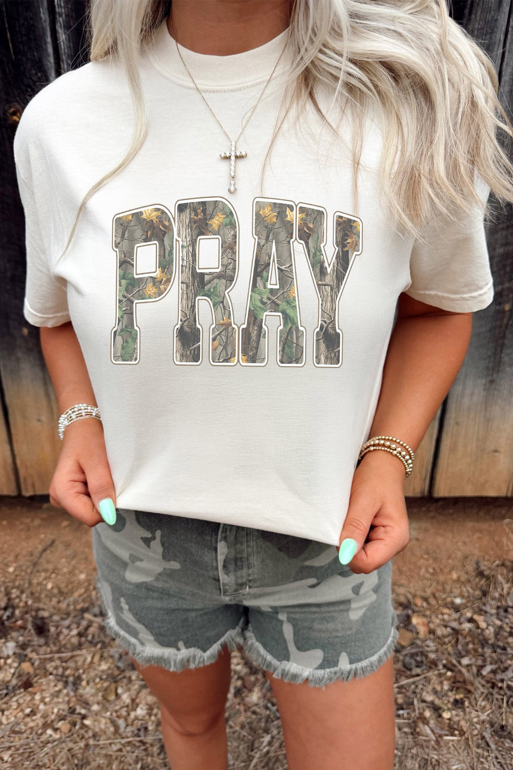 White PRAY Camo Letter Print Round Neck T Shirt