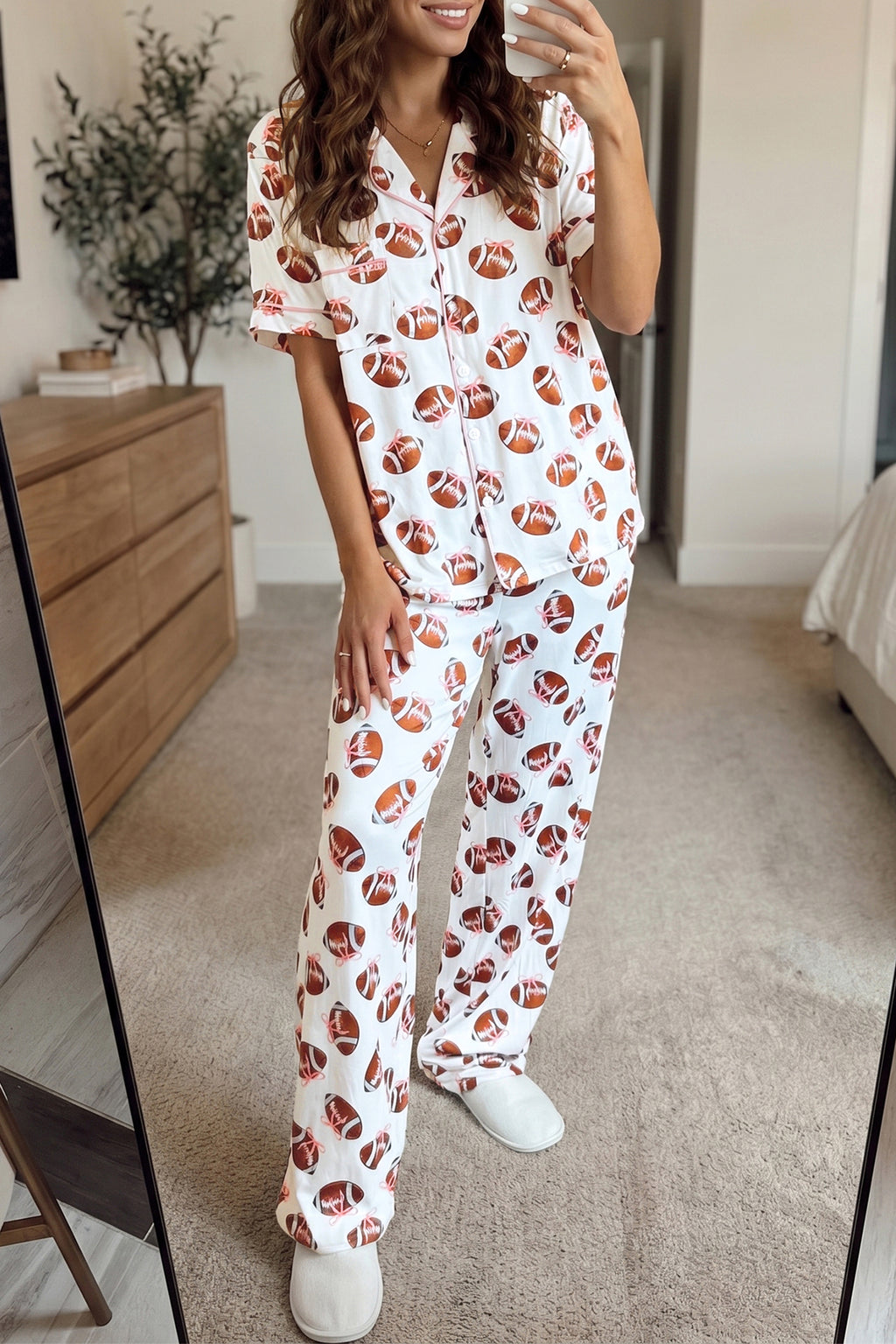 White Rugby Print Short Sleeve Pajama Set