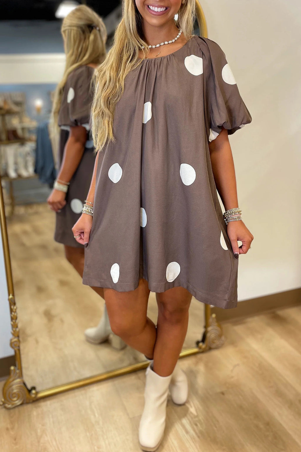 Brown Polka Dot Print Knot Back Mini Dress