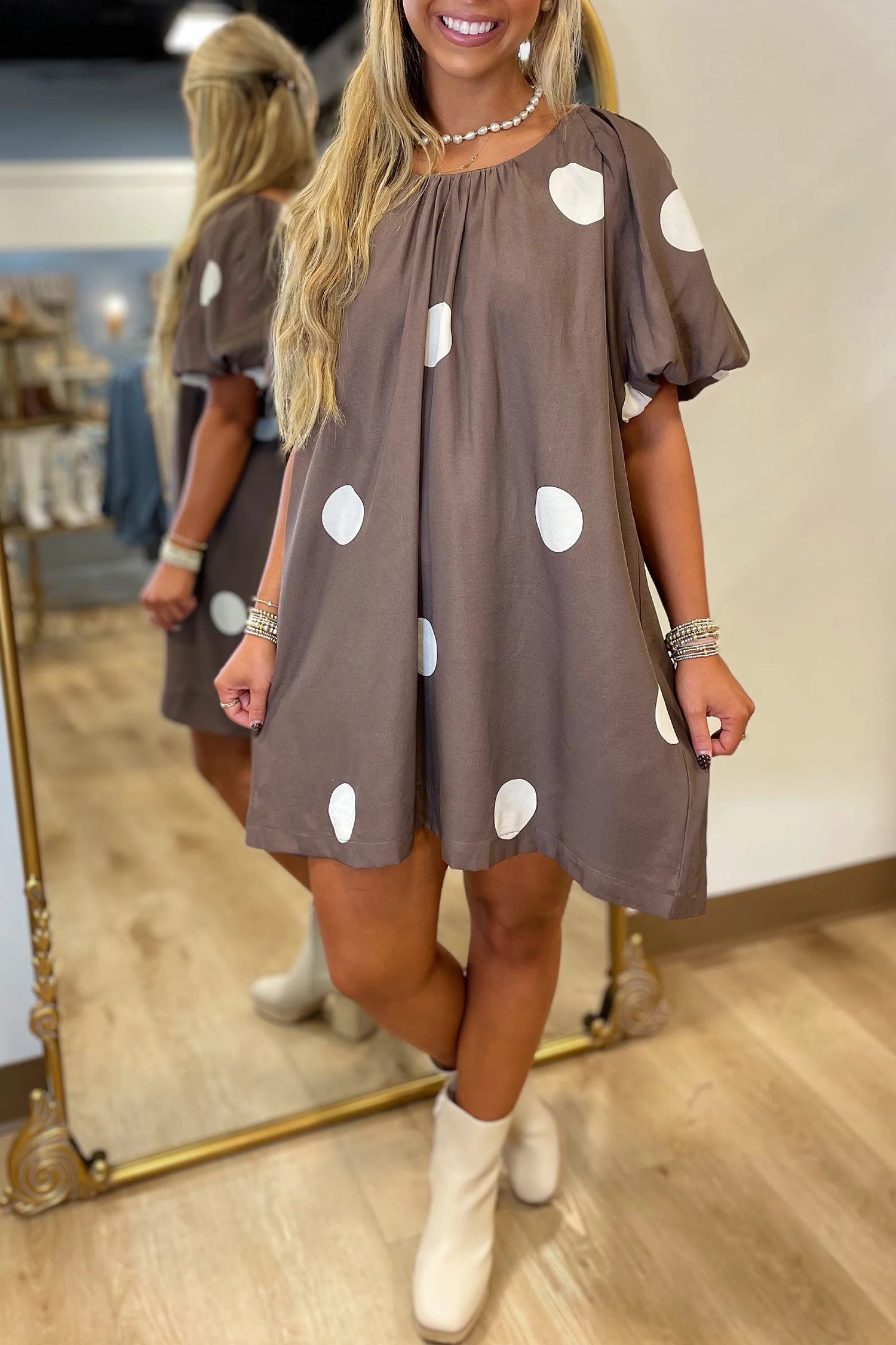 Brown Polka Dot Print Knot Back Mini Dress